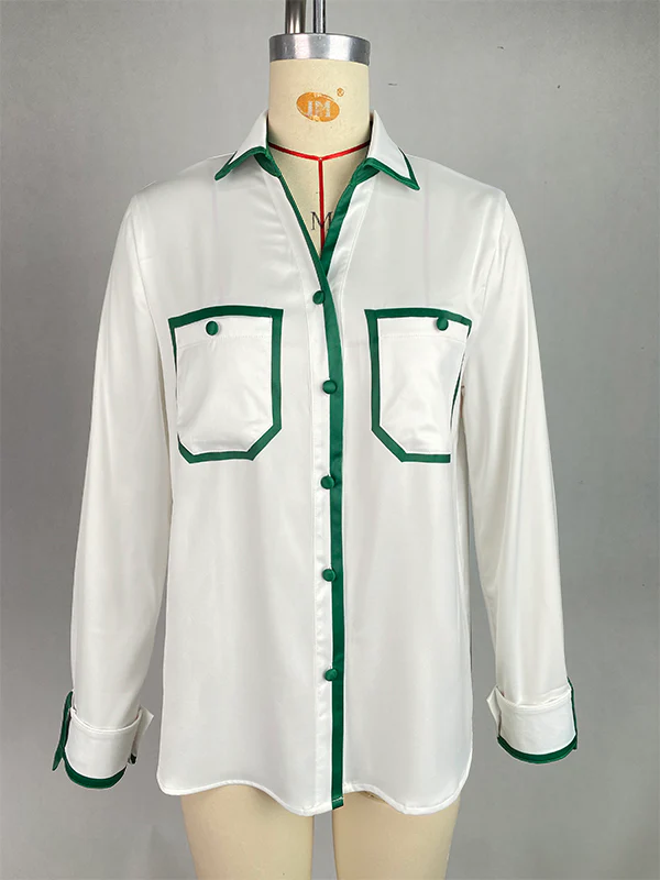 Long Sleeves Loose Buttoned Contrast Color Pockets Lapel Blouses&Shirts Tops - Image 4