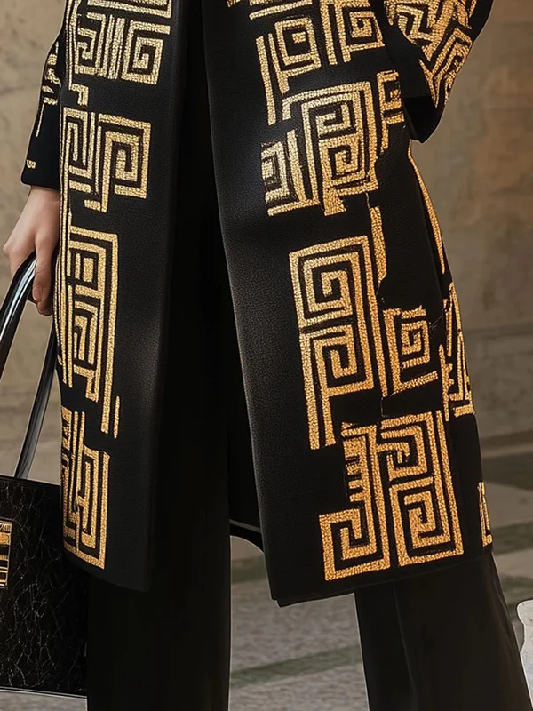 Long Sleeves Loose Buttoned Contrast Color Pockets Notched Collar Woolen Coat - Image 3
