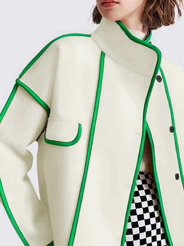 Long Sleeves Loose Buttoned Contrast Color Pockets Split-Joint Stand Collar Woolen Coat - Image 2