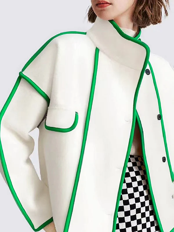 Long Sleeves Loose Buttoned Contrast Color Pockets Split-Joint Stand Collar Woolen Coat - Image 2