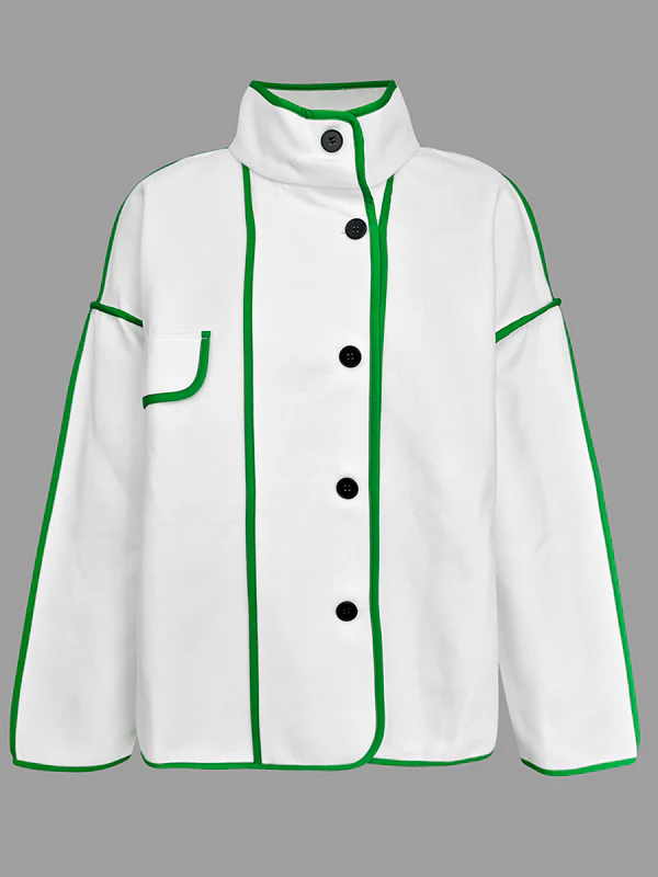 Long Sleeves Loose Buttoned Contrast Color Pockets Split-Joint Stand Collar Woolen Coat - Image 3