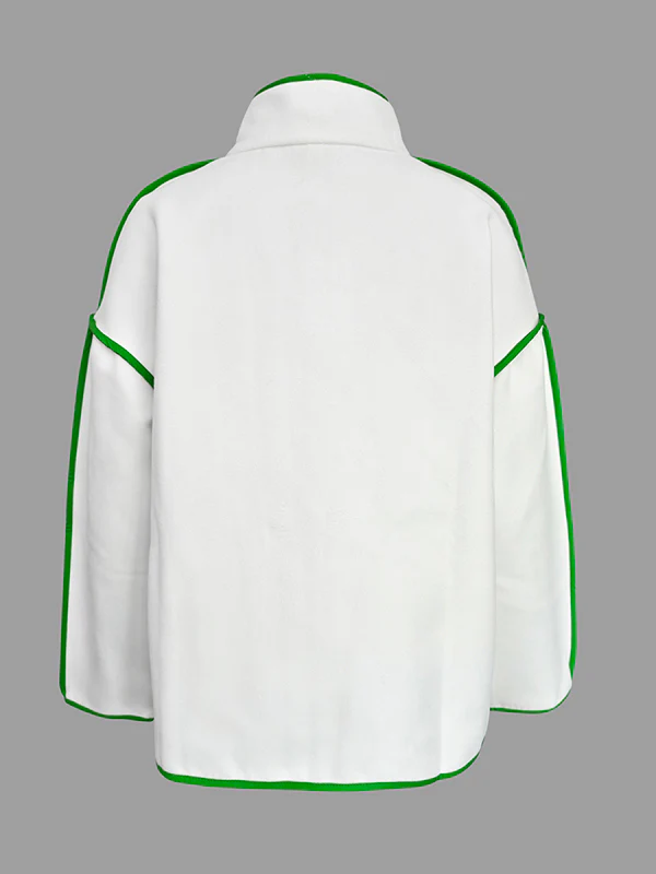 Long Sleeves Loose Buttoned Contrast Color Pockets Split-Joint Stand Collar Woolen Coat - Image 4