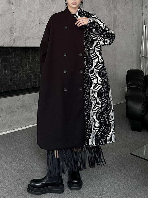 Long Sleeves Loose Buttoned Contrast Color Pockets Stand Collar Woolen Coat - Image 2