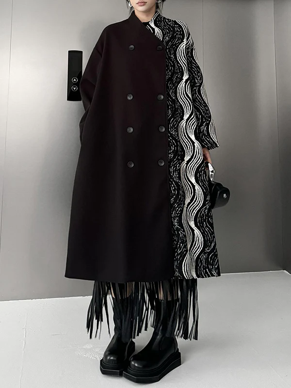Long Sleeves Loose Buttoned Contrast Color Pockets Stand Collar Woolen Coat - Image 3