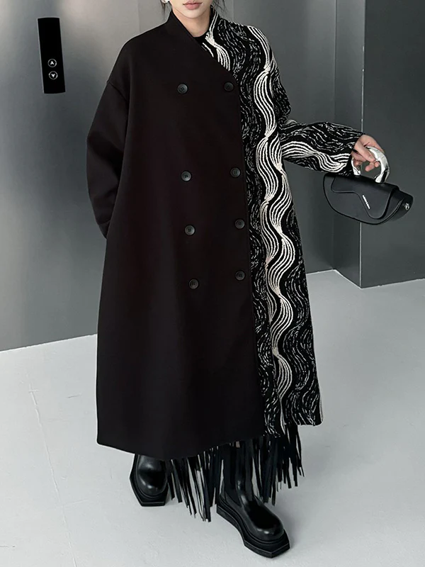 Long Sleeves Loose Buttoned Contrast Color Pockets Stand Collar Woolen Coat - Image 4