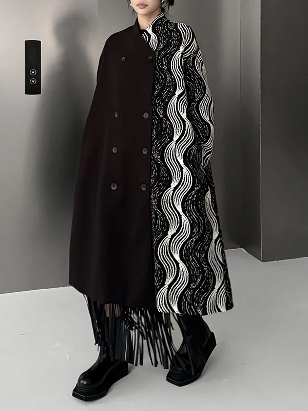Long Sleeves Loose Buttoned Contrast Color Pockets Stand Collar Woolen Coat - Image 5