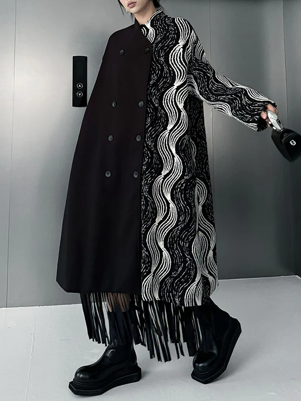 Long Sleeves Loose Buttoned Contrast Color Pockets Stand Collar Woolen Coat - Image 6