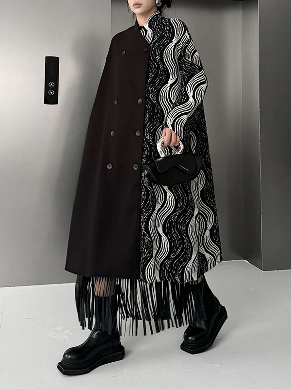 Long Sleeves Loose Buttoned Contrast Color Pockets Stand Collar Woolen Coat - Image 7