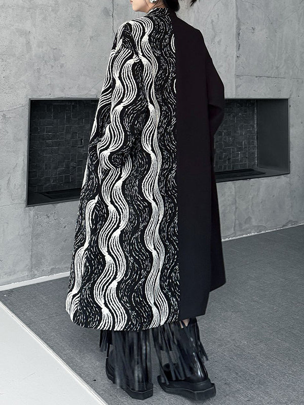 Long Sleeves Loose Buttoned Contrast Color Pockets Stand Collar Woolen Coat - Image 8