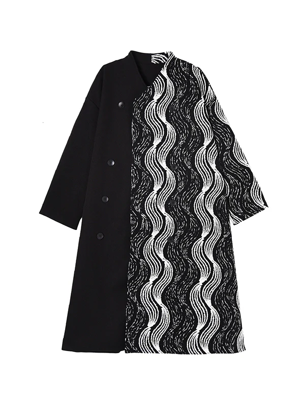 Long Sleeves Loose Buttoned Contrast Color Pockets Stand Collar Woolen Coat - Image 9