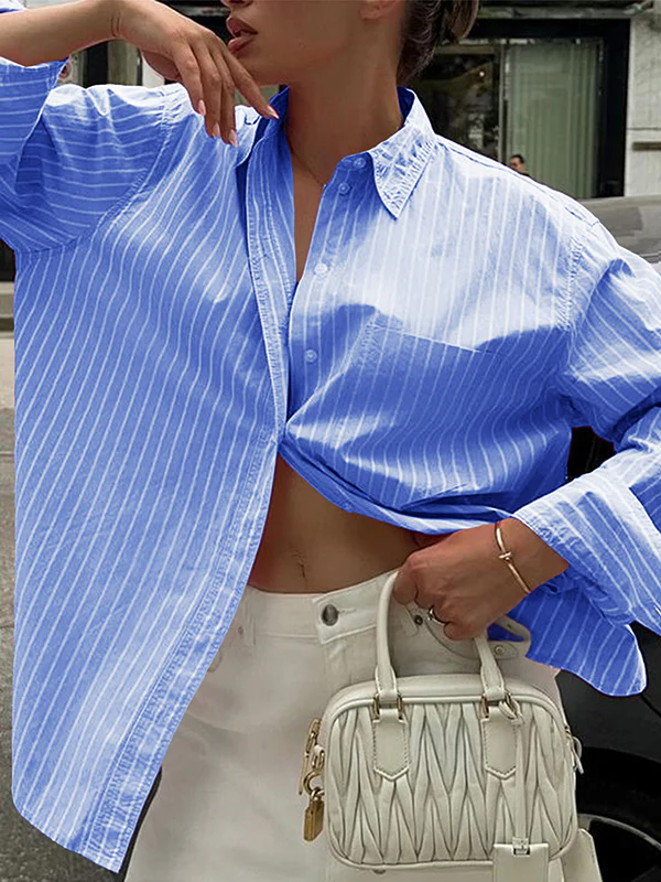 Long Sleeves Loose Buttoned Contrast Color Pockets Striped Lapel Blouses&Shirts Tops - Image 10