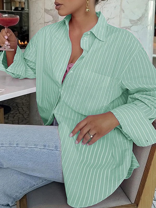 Long Sleeves Loose Buttoned Contrast Color Pockets Striped Lapel Blouses&Shirts Tops - Image 2