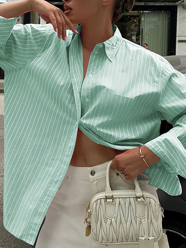 Long Sleeves Loose Buttoned Contrast Color Pockets Striped Lapel Blouses&Shirts Tops - Image 5