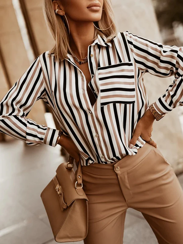 Long Sleeves Loose Buttoned Contrast Color Pockets Striped Lapel Blouses&Shirts Tops - Image 2