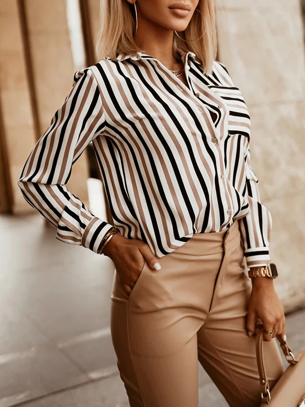 Long Sleeves Loose Buttoned Contrast Color Pockets Striped Lapel Blouses&Shirts Tops - Image 3