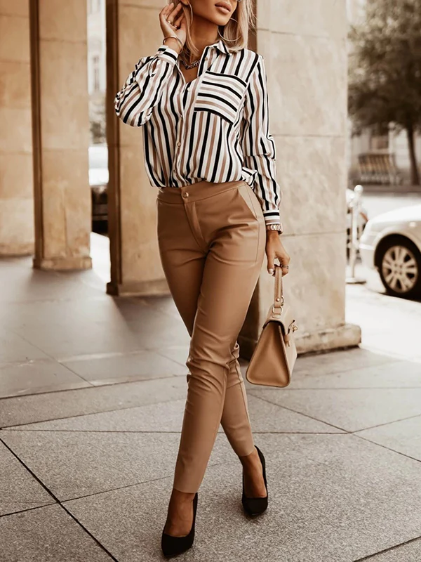 Long Sleeves Loose Buttoned Contrast Color Pockets Striped Lapel Blouses&Shirts Tops - Image 5