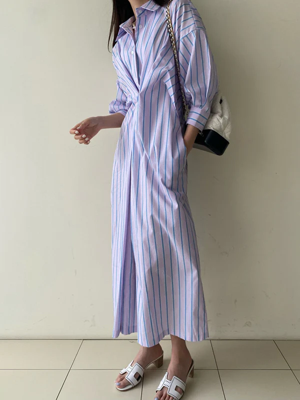 Long Sleeves Loose Buttoned Contrast Color Pockets Striped Lapel Midi Dresses Shirt Dress - Image 2