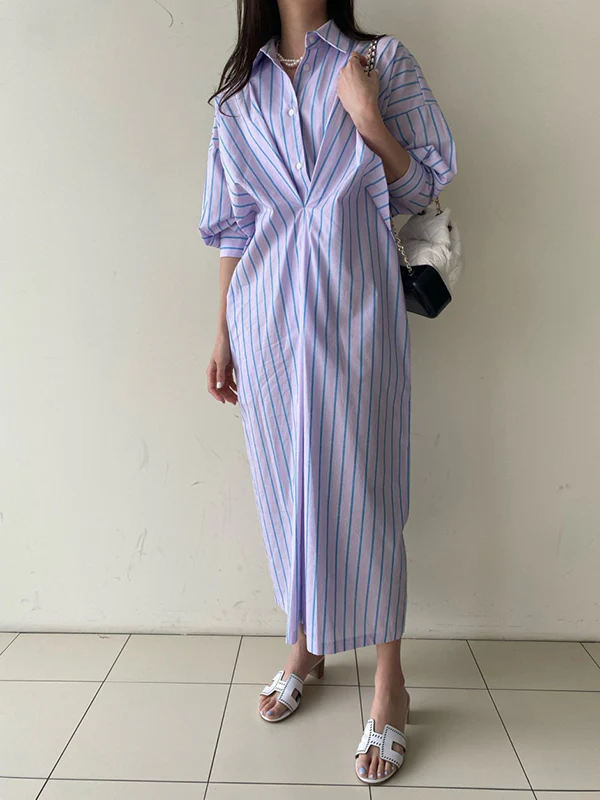 Long Sleeves Loose Buttoned Contrast Color Pockets Striped Lapel Midi Dresses Shirt Dress - Image 3