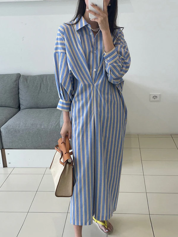 Long Sleeves Loose Buttoned Contrast Color Pockets Striped Lapel Midi Dresses Shirt Dress - Image 4