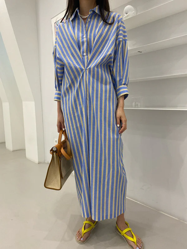 Long Sleeves Loose Buttoned Contrast Color Pockets Striped Lapel Midi Dresses Shirt Dress - Image 5
