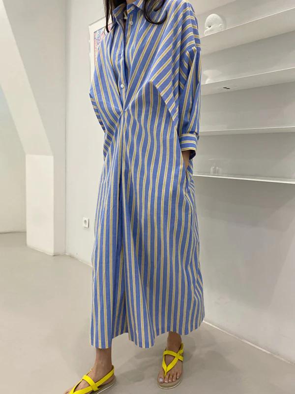 Long Sleeves Loose Buttoned Contrast Color Pockets Striped Lapel Midi Dresses Shirt Dress - Image 6