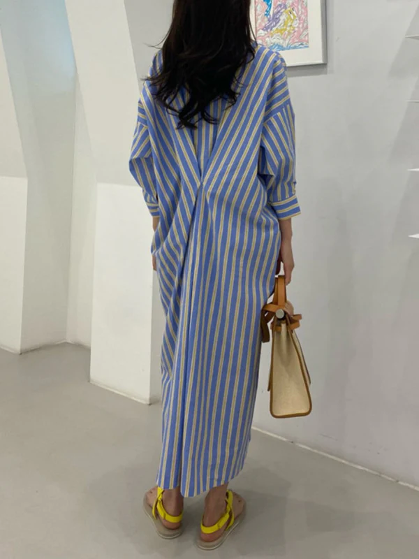 Long Sleeves Loose Buttoned Contrast Color Pockets Striped Lapel Midi Dresses Shirt Dress - Image 7