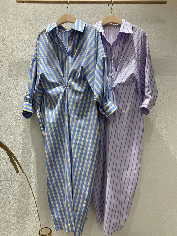 Long Sleeves Loose Buttoned Contrast Color Pockets Striped Lapel Midi Dresses Shirt Dress - Image 8