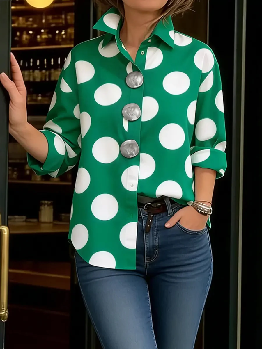 Long Sleeves Loose Buttoned Contrast Color Polka-Dot Lapel Blouses&Shirts Tops - Image 2