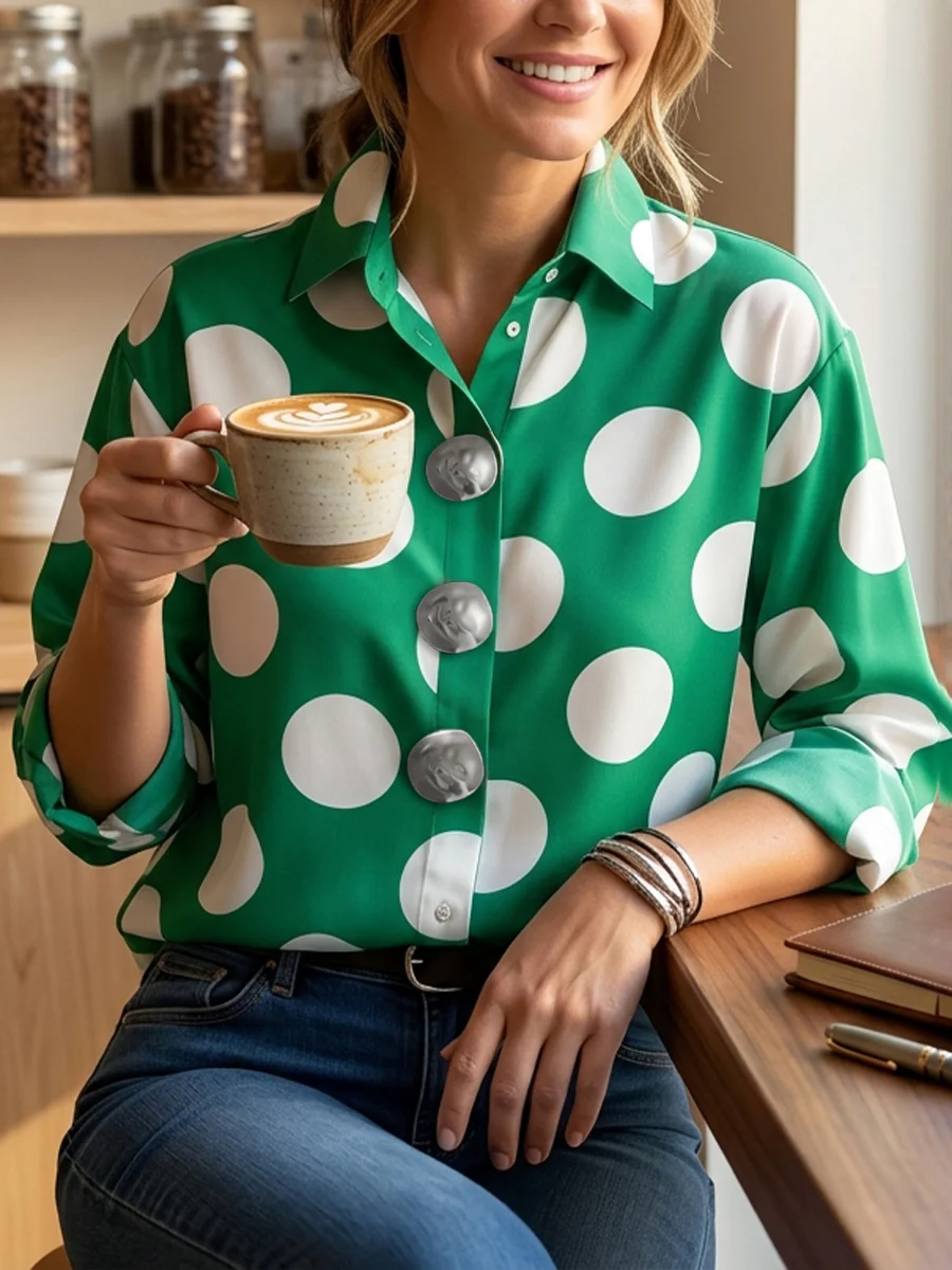 Long Sleeves Loose Buttoned Contrast Color Polka-Dot Lapel Blouses&Shirts Tops - Image 3