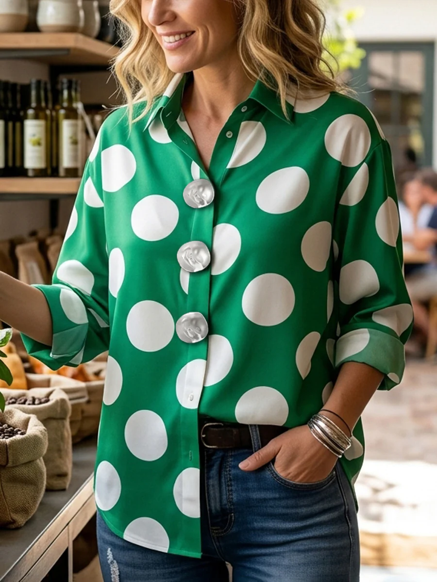 Long Sleeves Loose Buttoned Contrast Color Polka-Dot Lapel Blouses&Shirts Tops - Image 4