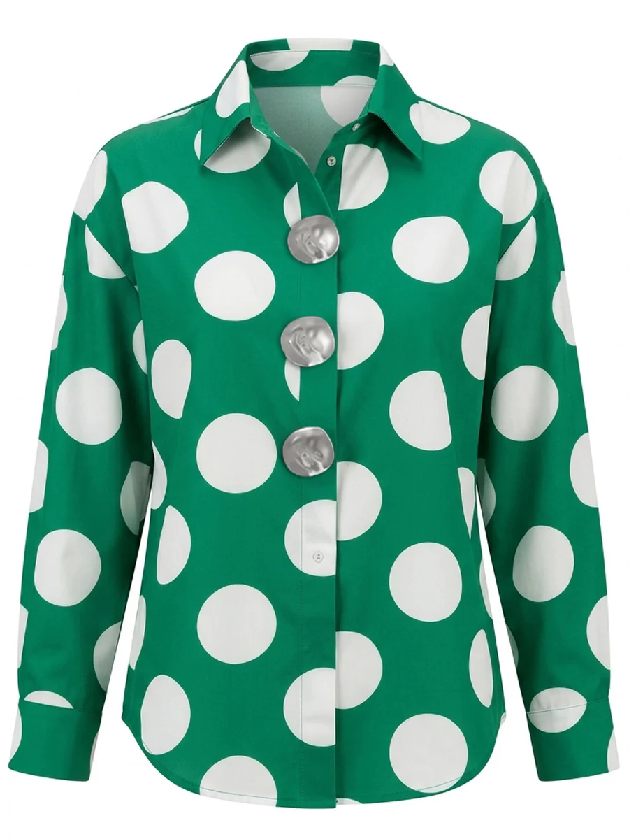 Long Sleeves Loose Buttoned Contrast Color Polka-Dot Lapel Blouses&Shirts Tops - Image 5