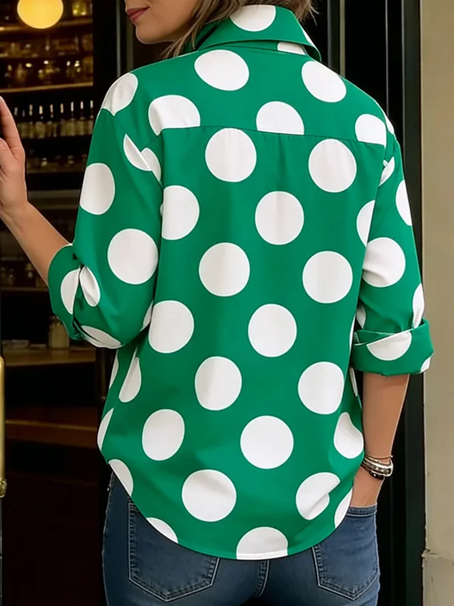 Long Sleeves Loose Buttoned Contrast Color Polka-Dot Lapel Blouses&Shirts Tops - Image 6