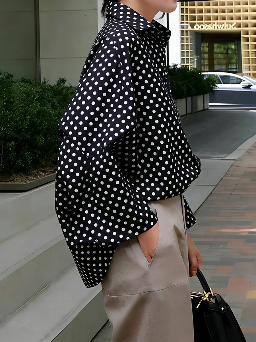 Long Sleeves Loose Buttoned Contrast Color Polka-Dot Split-Joint Lapel Blouses&Shirts Tops - Image 2
