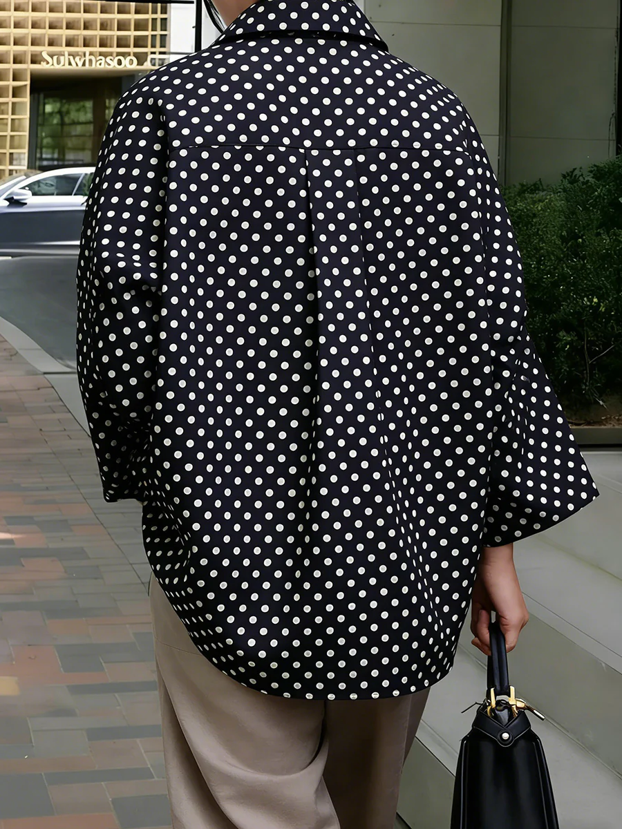 Long Sleeves Loose Buttoned Contrast Color Polka-Dot Split-Joint Lapel Blouses&Shirts Tops - Image 3
