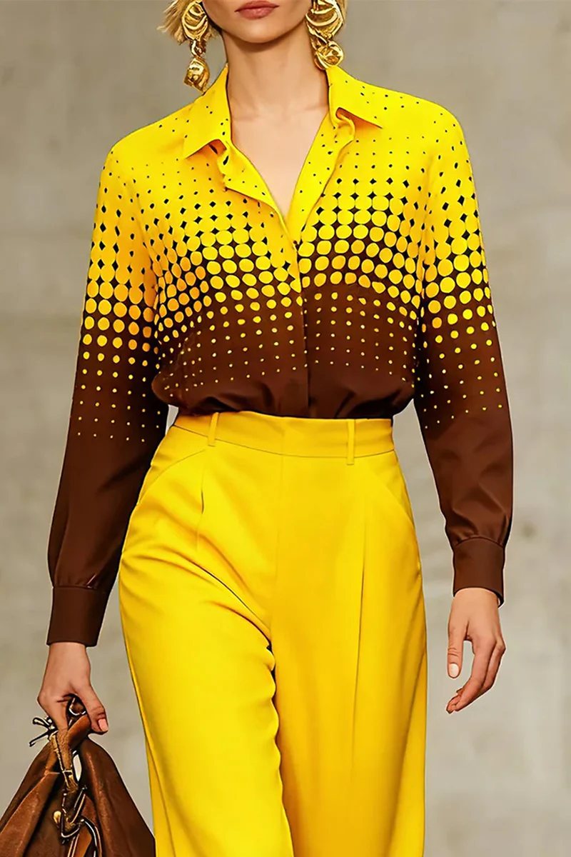 Long Sleeves Loose Buttoned Contrast Color Polka-Dot Split-Joint Lapel Blouses&Shirts Tops