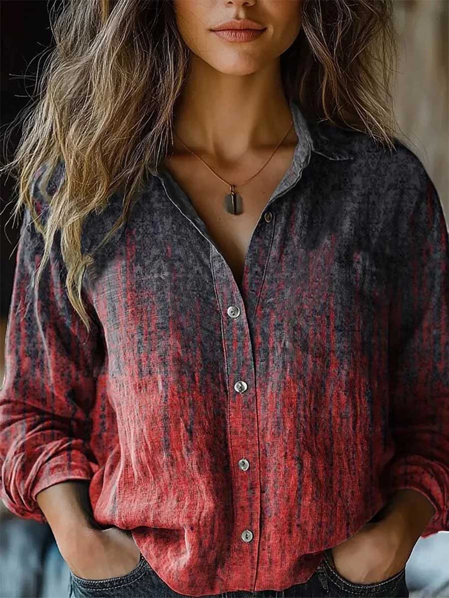 Long Sleeves Loose Buttoned Contrast Color Printed Split-Joint Lapel Blouses&Shirts Tops - Image 2