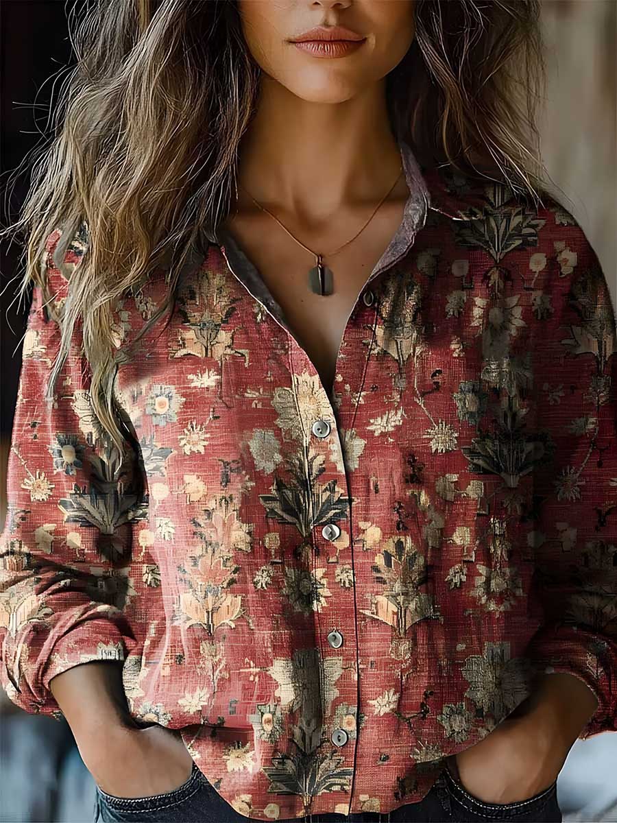 Long Sleeves Loose Buttoned Contrast Color Printed Split-Joint Lapel Blouses&Shirts Tops - Image 3