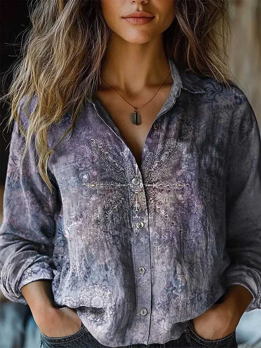 Long Sleeves Loose Buttoned Contrast Color Printed Split-Joint Lapel Blouses&Shirts Tops - Image 4