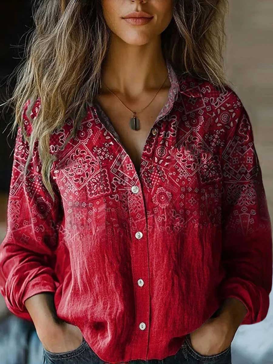 Long Sleeves Loose Buttoned Contrast Color Printed Split-Joint Lapel Blouses&Shirts Tops - Image 5