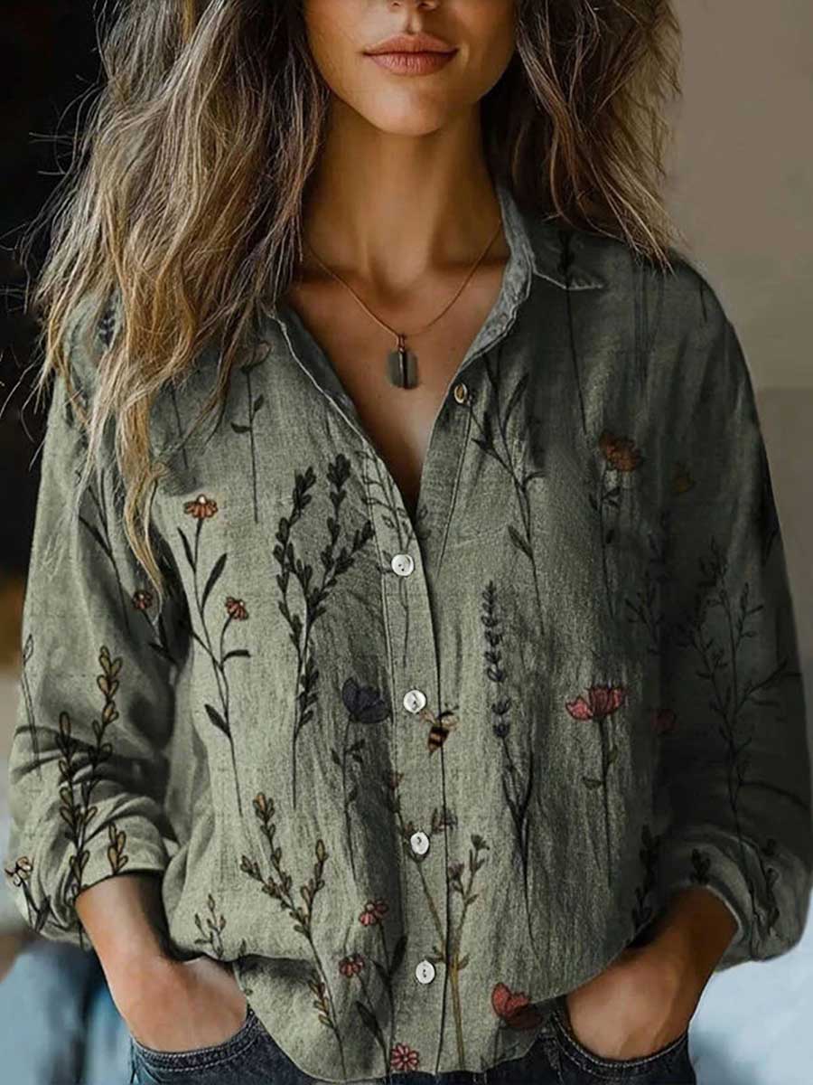 Long Sleeves Loose Buttoned Contrast Color Printed Split-Joint Lapel Blouses&Shirts Tops - Image 6