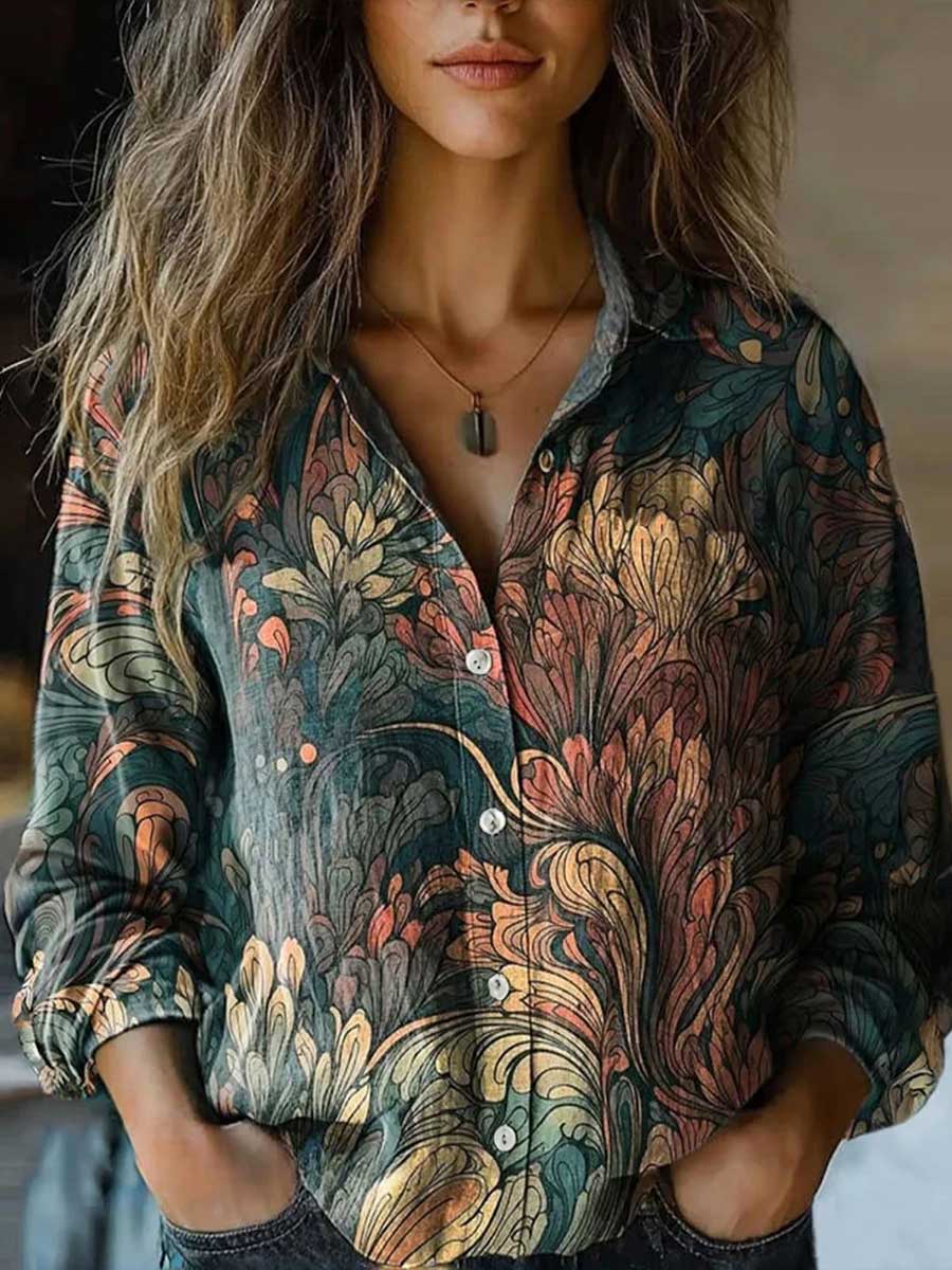 Long Sleeves Loose Buttoned Contrast Color Printed Split-Joint Lapel Blouses&Shirts Tops - Image 7