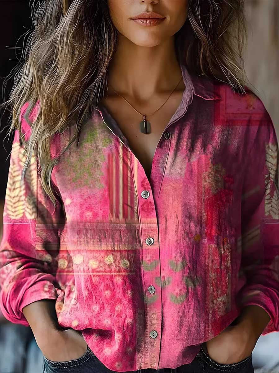 Long Sleeves Loose Buttoned Contrast Color Printed Split-Joint Lapel Blouses&Shirts Tops - Image 8
