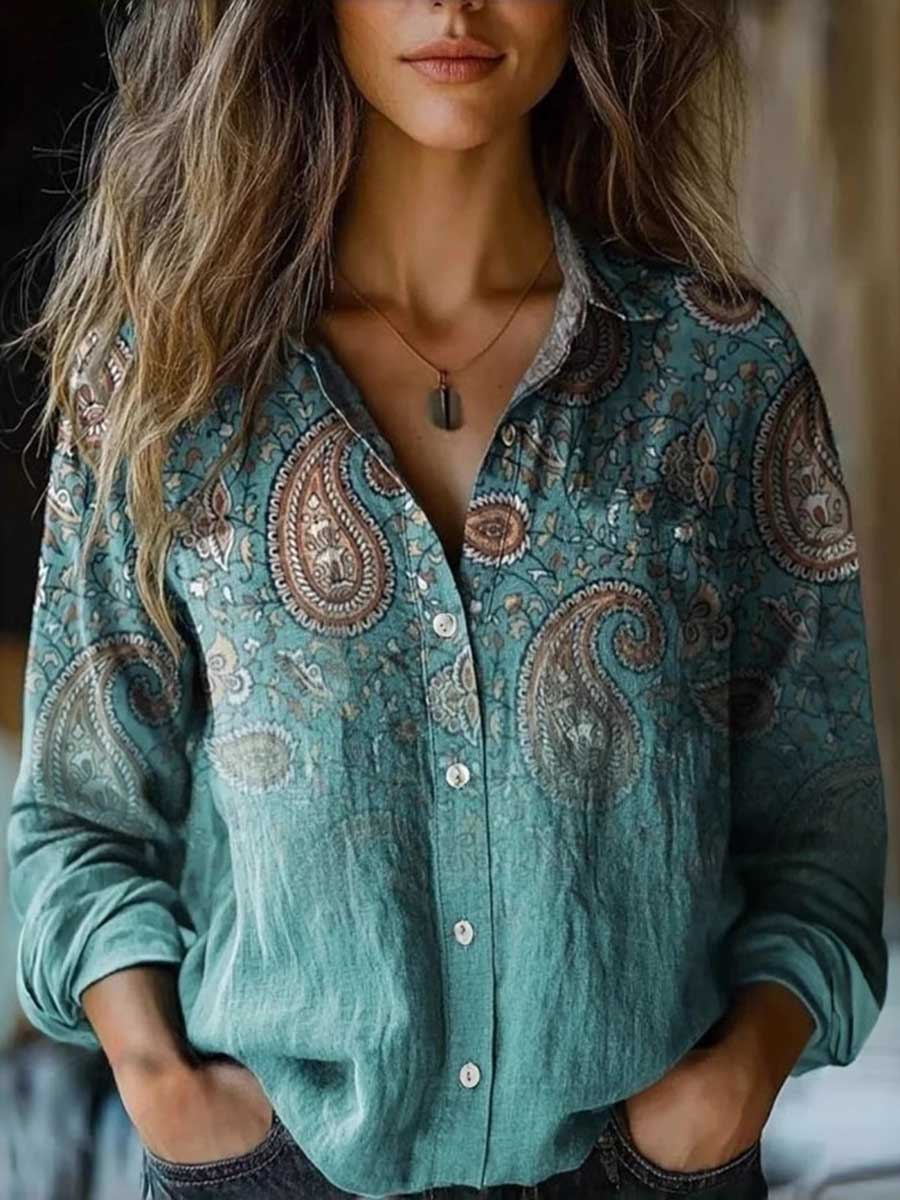 Long Sleeves Loose Buttoned Contrast Color Printed Split-Joint Lapel Blouses&Shirts Tops - Image 9