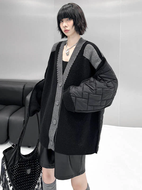 Long Sleeves Loose Buttoned Contrast Color Reversible Split-Joint Collarless Cardigan Tops Outerwear - Image 10