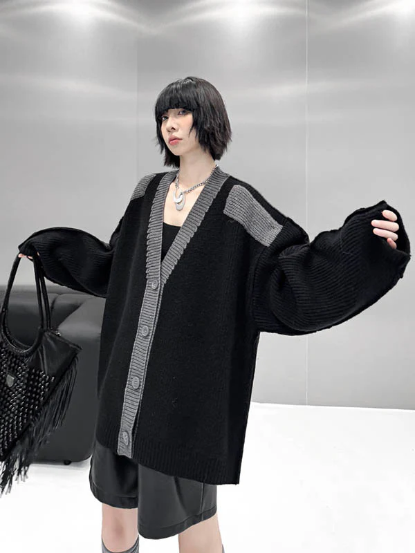 Long Sleeves Loose Buttoned Contrast Color Reversible Split-Joint Collarless Cardigan Tops Outerwear - Image 12