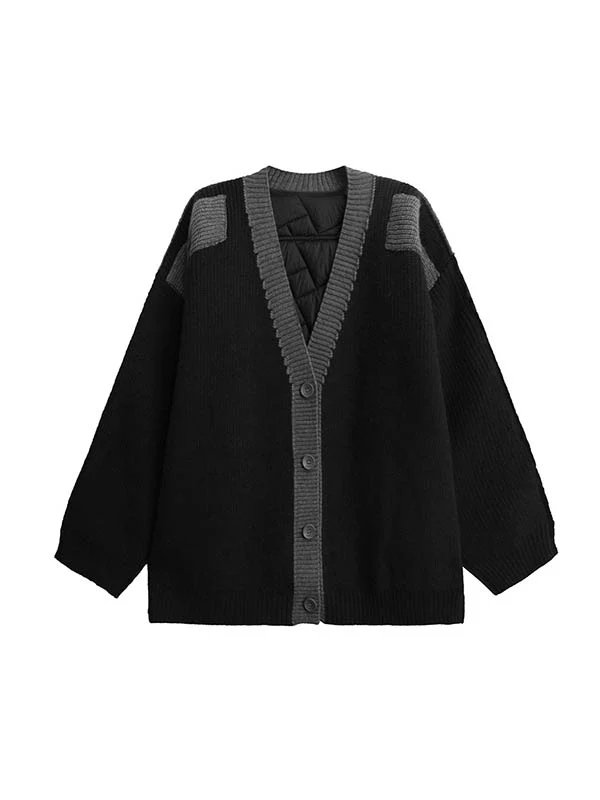 Long Sleeves Loose Buttoned Contrast Color Reversible Split-Joint Collarless Cardigan Tops Outerwear - Image 16