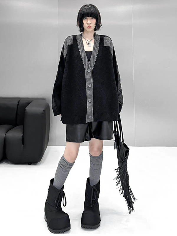 Long Sleeves Loose Buttoned Contrast Color Reversible Split-Joint Collarless Cardigan Tops Outerwear - Image 2