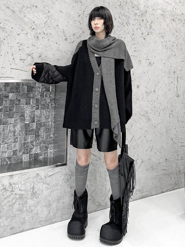Long Sleeves Loose Buttoned Contrast Color Reversible Split-Joint Collarless Cardigan Tops Outerwear - Image 3