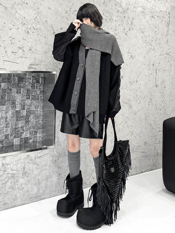 Long Sleeves Loose Buttoned Contrast Color Reversible Split-Joint Collarless Cardigan Tops Outerwear - Image 4