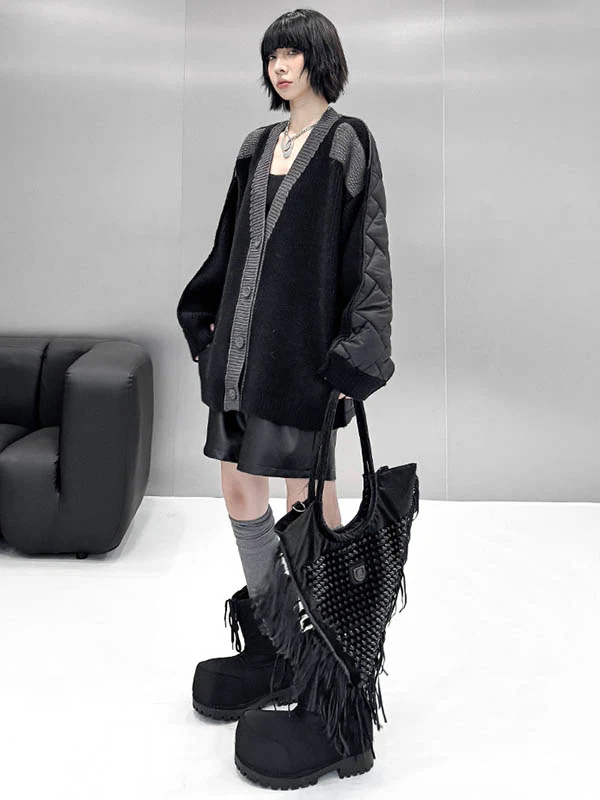 Long Sleeves Loose Buttoned Contrast Color Reversible Split-Joint Collarless Cardigan Tops Outerwear - Image 5